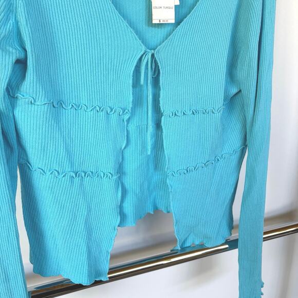 NWT Y2K Bright Blue Tiered Tie Front Cardigan Lizzie McGuire 2000s Top Medium - Picture 2 of 7